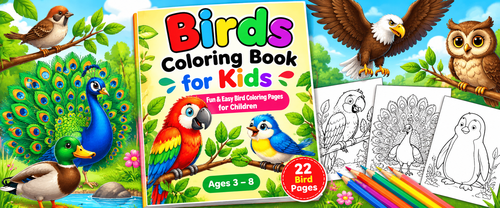 Birds Coloring Book for Kids: 22 Easy Bird Coloring Pages Ebook (Age 3–8)